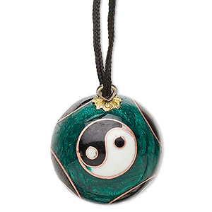 Necklace, cloisonn&#233;, nylon cord / enamel / gold-finished / silver- / copper-plated steel, green / black / white, 22mm round with yin-yang design and chime, 26-inch continuous loop. Sold individually.