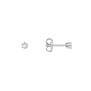 Earstud, Snap-Tite&reg;, sterling silver, 2mm 6-prong round setting. Sold per pkg of 2 pairs.