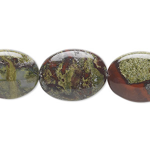 Bead, dragon blood jasper (natural), 20x15mm flat oval, B grade, Mohs hardness 6-1/2 to 7. Sold per 15-1/2&quot; to 16&quot; strand.