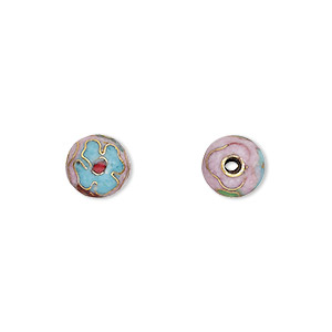 Bead, cloisonn&#233;, enamel and gold-finished copper, multicolored, 8mm round with flower design. Sold per pkg of 10.