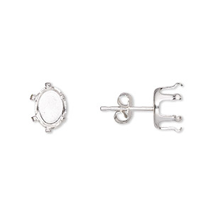 Earstud, Snap-Tite&reg;, sterling silver, 8x6mm 6-prong oval setting. Sold per pkg of 2 pairs.