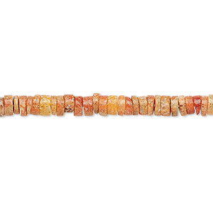 Bead, sponge coral (dyed / stabilized), red / brown / orange, 4x1mm-5x2mm hand-cut rondelle, B grade, Mohs hardness 3-1/2 to 4. Sold per 8-inch strand, approximately 120-130 beads.