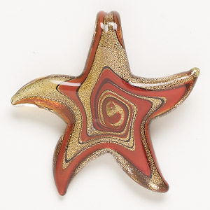 Focal, lampworked glass, translucent red-orange and black with copper-colored glitter, 56x53mm starfish with spiral design. Sold individually.
