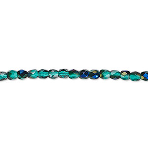 Bead, Czech fire-polished glass, green blue iris, 3mm faceted round. Sold per 15-1/2&quot; to 16&quot; strand.