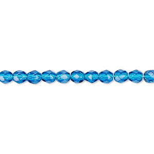 Bead, Czech fire-polished glass, transparent dark aqua blue, 4mm faceted round. Sold per 15-1/2&quot; to 16&quot; strand, approximately 100 beads.