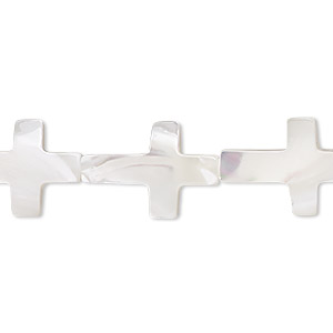 Bead, mother-of-pearl shell (bleached), 18x13mm hand-cut cross with 0.8mm hole, Mohs hardness 3-1/2. Sold per 15-1/2&quot; to 16&quot; strand.