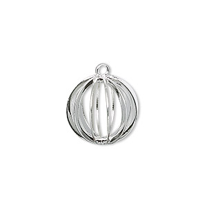 Drop, silver-plated steel and brass, 15mm round bead cage. Sold per pkg of 4.