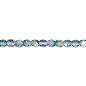 Bead, Czech fire-polished glass, green and teal luster, 4mm faceted round. Sold per 15-1/2&quot; to 16&quot; strand.