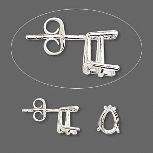 Earstud, Sure-Set&#153;, sterling silver, 9x6mm with 4-prong pear basket setting. Sold per pair.