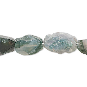 Bead, moss agate (natural), medium to large 3-sided hand-knapped nugget, Mohs hardness 6-1/2 to 7. Sold per 15-1/2&quot; to 16&quot; strand.