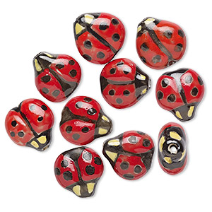 Bead, porcelain, black / red / yellow, 16x16mm double-sided hand-painted ladybug. Sold per pkg of 10.