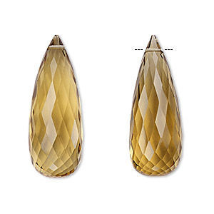 Bead, golden quartz (heated), 29x11mm hand-cut top-drilled faceted briolette, A- grade, Mohs hardness 7. Sold per pkg of 2 beads.
