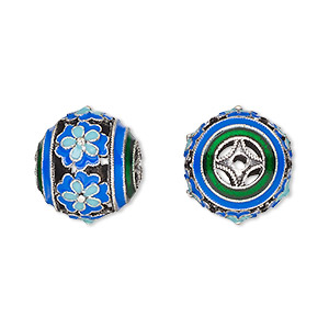 Bead, antique silver-finished brass and enamel, blue / green / dark blue, 20mm round with cutout flower and 2-2.5mm hole. Sold individually.