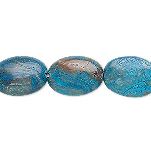 Bead, blue sky jasper (dyed / stabilized), 18x13mm flat oval, C grade, Mohs hardness 6-1/2 to 7. Sold per 15-1/2&quot; to 16&quot; strand.
