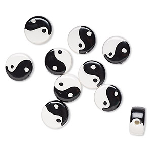 Bead, porcelain, black and white, 15mm double-sided flat round with yin-yang symbol. Sold per pkg of 10.
