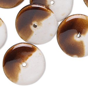 Component, porcelain, white and brown, 22mm round donut. Sold per pkg of 10.