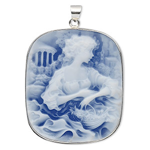 Pendant, acrylic and sterling silver, blue and white, 41x35mm rectangle cameo with woman and basket. Sold individually.
