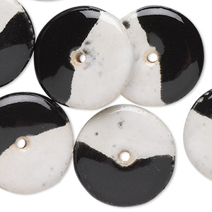 Bead, porcelain, black and white, 22mm double-sided round donut. Sold per pkg of 10.
