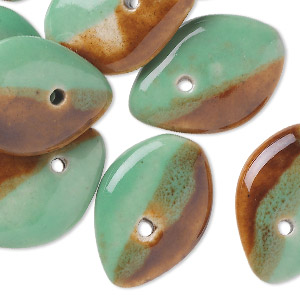Bead, porcelain, green and brown, 25x18mm top-drilled flat teardrop. Sold per pkg of 10.