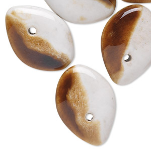 Bead, porcelain, white and brown, 25x18mm top-drilled flat teardrop. Sold per pkg of 10.
