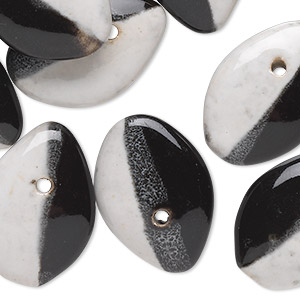Bead, porcelain, black and white, 25x18mm top-drilled flat teardrop. Sold per pkg of 10.