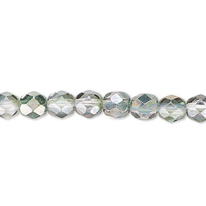 Bead, Czech fire-polished glass, green and grey luster, 6mm faceted round. Sold per 15-1/2&quot; to 16&quot; strand.