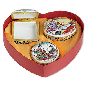 Trinket box, porcelain / acrylic / gold finish &quot;pewter&quot; (zinc-based alloy), white and multicolored, 1-1/2x1-inch to 3x2-inch mixed shapes with Geisha decal. Sold per 3-piece set.