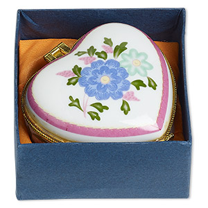 Trinket box, porcelain / acrylic / gold-finished &quot;pewter&quot; (zinc-based alloy), white and multicolored, 1-1/2x1-inch to 3x2-inch heart with floral decal. Sold per .