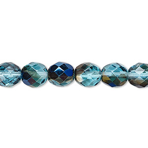 Bead, Czech fire-polished glass, teal blue iris, 8mm faceted round. Sold per 15-1/2&quot; to 16&quot; strand.
