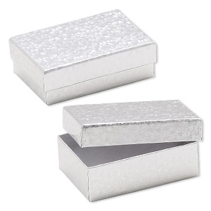 Box, paper, cotton-filled, silver, 3-1/4 x 2-1/4 x 1-inch rectangle. Sold per pkg of 10.
