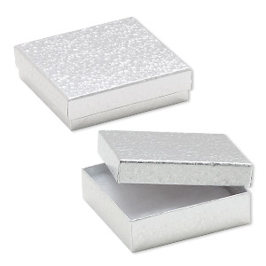 Box, paper, &quot;cotton&quot;-filled, silver, 3-1/2 x 3-1/2 x 1-inch square. Sold per pkg of 10.