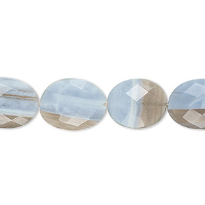 Bead, blue opal (natural), 14x10mm-16x12mm hand-cut faceted puffed oval, B grade, Mohs hardness 5 to 6-1/2. Sold per 8-inch strand, approximately 10 beads.