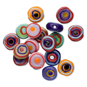 Bead mix, lampworked glass, mixed opaque colors, 15-19mm fancy flat round. Sold per pkg of 100 grams, approximately 20-30 beads.