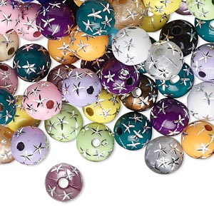 Bead mix, acrylic, mixed colors, 8mm round with stars. Sold per 75-gram pkg, approximately 250-275 beads.
