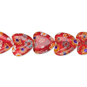 Bead, millefiori glass, red and multicolored, 12x12mm heart. Sold per 15-1/2&quot; to 16&quot; strand.