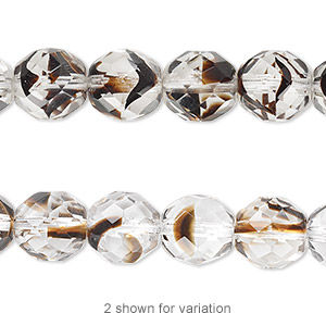 Bead, Czech fire-polished glass, clear / black / brown, 10mm faceted round. Sold per 15-1/2&quot; to 16&quot; strand.