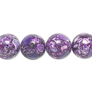 Bead, mosaic stone (dyed / assembled), purple / black / white, 12mm round, Mohs hardness 5 to 6. Sold per 15-1/2&quot; to 16&quot; strand.