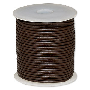 Cord, leather (dyed), brown, 2mm round. Sold per 25-yard spool.