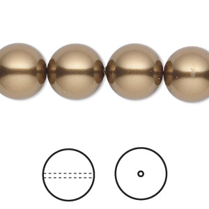 Pearl, Crystal Passions&reg;, antique brass, 12mm round (5810). Sold per pkg of 10.