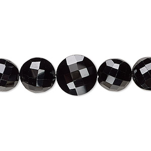 Bead, black spinel (natural), 8-12mm graduated hand-cut faceted puffed flat round, B+ grade, Mohs hardness 8. Sold per 4-inch strand, approximately 10 beads.