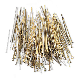 Head pin and eye pin mix, pewter (tin-based alloy) / brass / &quot;pewter&quot; (zinc-based alloy), multi-finished, 1/2 to 4 inches, 21-28 gauge. Sold per 25-gram pkg, approximately 50-150 pins.
