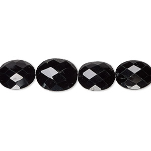 Bead, black spinel (natural), 10x8mm-12x10mm hand-cut faceted puffed oval, B+ grade, Mohs hardness 8. Sold per 5-1/2 inch strand, approximately 10 beads.