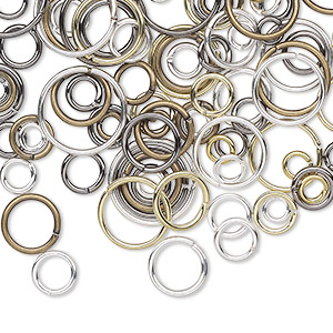 Jump ring mix, mix-plated brass / steel / aluminum / pewter (tin-based alloy), 2-18mm round and oval, 2.3-13.3mm inside diameter, 18-19 gauge. Sold per 10-gram pkg, approximately 100-130 jump rings.