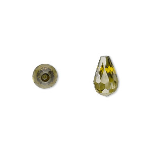 Bead, cubic zirconia, olive green, 12x7mm half-drilled faceted teardrop, Mohs hardness 8-1/2. Sold individually.