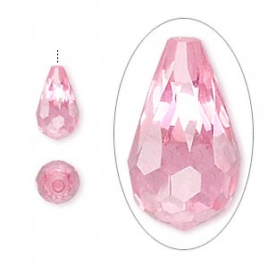 Bead, cubic zirconia, pink, 12x7mm half 