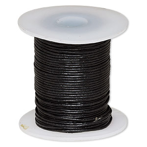 Cord, leather (dyed), black, 0.5-0.8mm round. Sold per 25-yard spool.