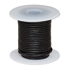 Cord, leather (dyed), black, 1-1.2mm round. Sold per 5-yard spool.