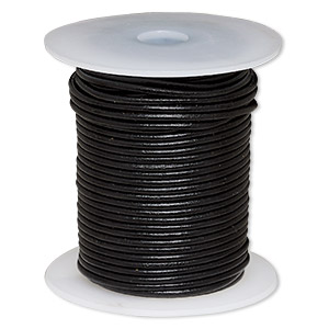 Cord, leather (dyed), black, 2mm round. Sold per 25-yard spool.