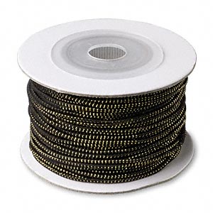 Bracelet cord, elastic, black with gold, 1mm. Sold per 25-yard spool.