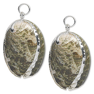 Focal, abalone shell (coated) and silver-plated steel, green and iridescent white, 31x20mm shell with jump ring. Sold per pkg of 2.